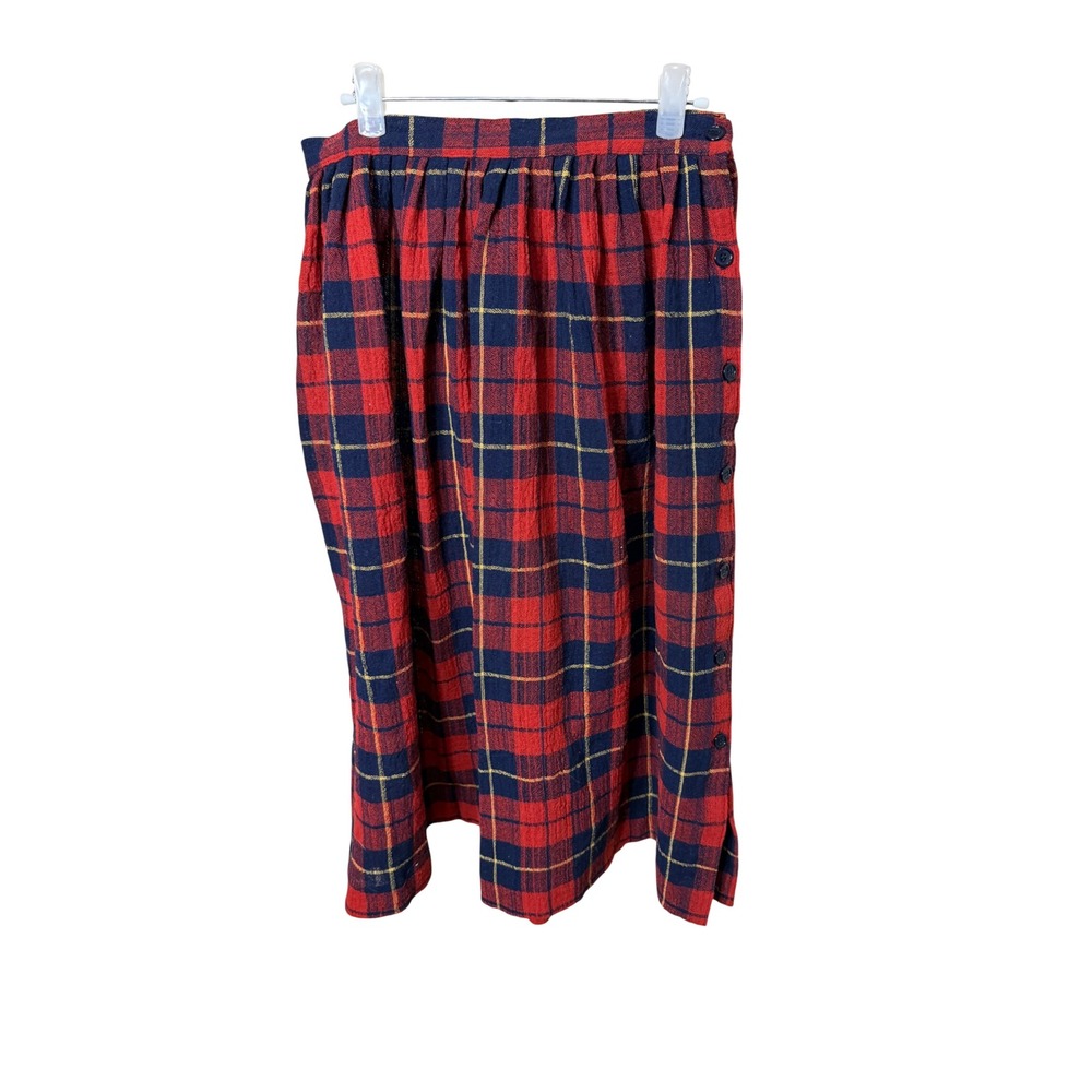 Vintage New Expressions Bobbie Brooks Red Navy Plaid Wool Blend Midi Skirt 11/12
